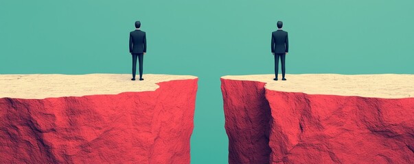Two business figures stand on opposite cliffs, symbolizing division and the challenges of connection in a surreal landscape.