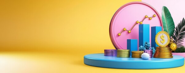A vibrant, artistic display featuring colorful coins, growth charts, and tropical leaves on a bright yellow background, symbolizing finance and investment.