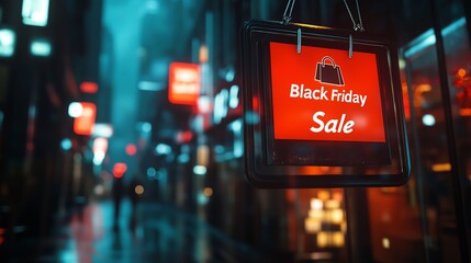 City street with Black Friday sale sign.