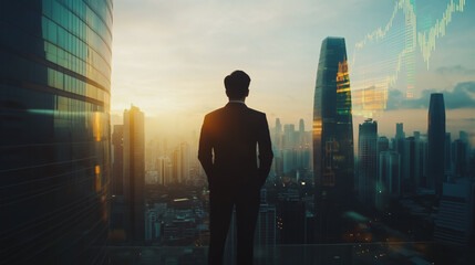 Abstract business man stands on the peak of success amid tall, innovative Smart city and graphs with statistics to analyze business potential and predict future developments in company growth.