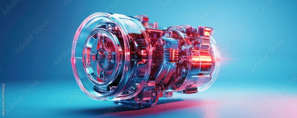 Poster 3d visual of an engine rendered in translucent red and blue, set against a blue backdrop.