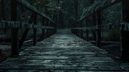 Obraz premium An old, creaky wooden bridge leading into a dense, shadowy forest, with the faint outline of an eerie figure in the distance