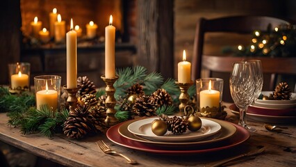 A cozy holiday dining table adorned with candles, pinecones, and greenery, creating a warm festive atmosphere.