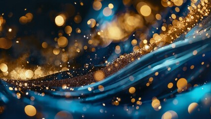 background of abstract glitter lights. blue, gold and black. de focused. banner