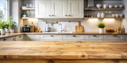 Close-up of a rustic wooden kitchen counter with a blurry background of a modern kitchen