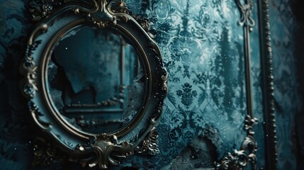 Antique mirror reflecting an otherworldly, shadowy realm