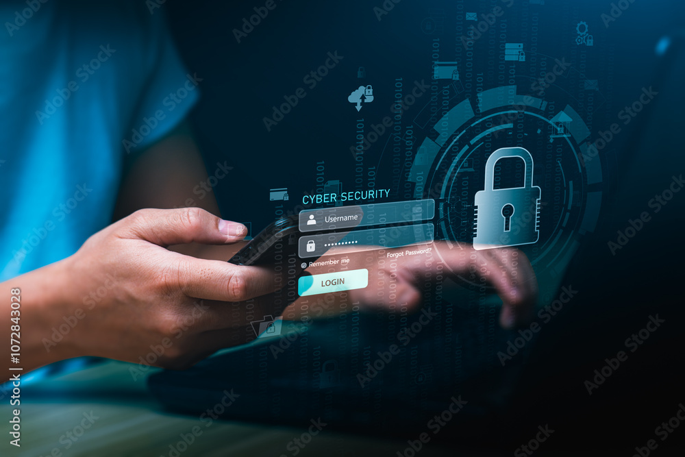Aufkleber hands holding smartphone with cyber security login interface, illustrating online data protection, d