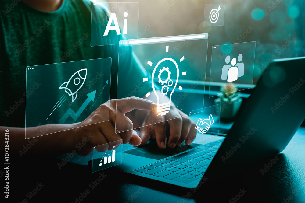 Poster person using laptop with futuristic interface displaying artificial intelligence, innovation, and bu