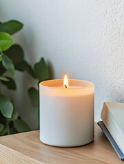 A lit candle sits on a wooden surface next to a plant, creating a warm and inviting atmosphere.