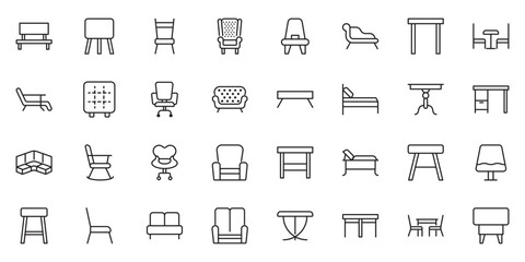 Furniture flat line icons set. Kitchen, bedroom, sofa table, bookcase closet, chair, mattress, lamps, ladder vector illustrations. Outline signs of house interior,