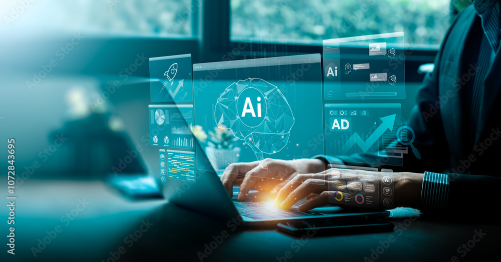Aufkleber business professional analyzing ai-generated data and graphs on laptop, leveraging advanced technolo