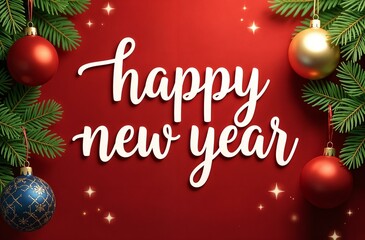 Fir branches with red and golden balls on the sides with the inscription "Happy New Year", postcard, banner on a red background