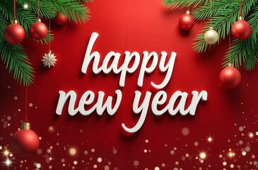 Fir branches with red and golden balls on the sides with the inscription "Happy New Year", postcard, banner on a red background