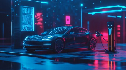 Electric Car Charging Station in Neon Light