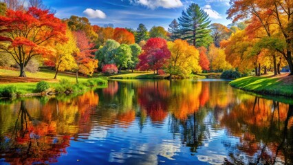 Fototapeta premium A tranquil lake reflecting the vibrant colors of autumn foliage, creating a breathtaking scene of natural beauty.