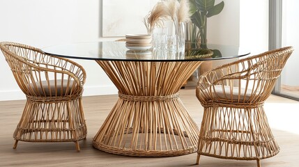 Fototapeta premium Modern rattan dining table with glass top and stylish chairs in a bright minimalist dining area showcasing contemporary home decor elegance