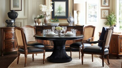 Elegant Dining Room with Round Table Set, Luxurious Decor and Natural Light, Featuring Artistic Centerpieces, Stylish Chairs, and Exquisite Furniture Details