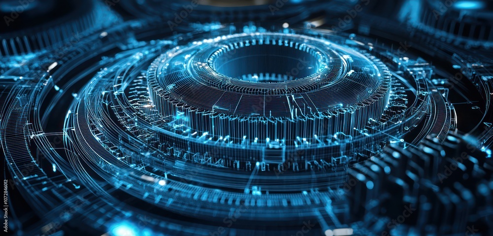 Aufkleber rotating machine gears depicted in a high-resolution digital wireframe.