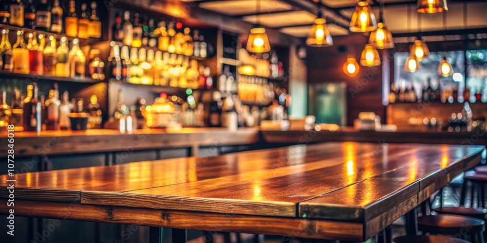 Poster Empty wooden table in a dimly lit bar with a blurred background of shelves stocked with liquor bottles and hanging light fixtures