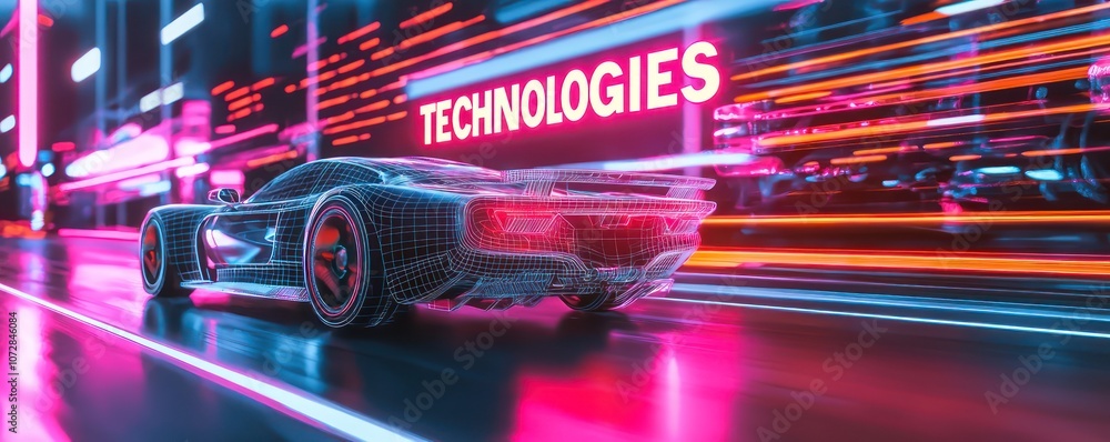 Poster educational vr setting displays an interactive 3d wireframe of a car's engine for automotive student