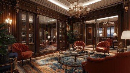 Luxurious and Elegant Interior Design of a Vintage Style Living Room Featuring Plush Furniture and Exquisite Antique Decorations with Rich Wooden Finishes