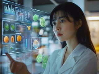 A scientist analyzes data on a transparent screen, showcasing various charts and images of fruits and vegetables in a modern lab environment.