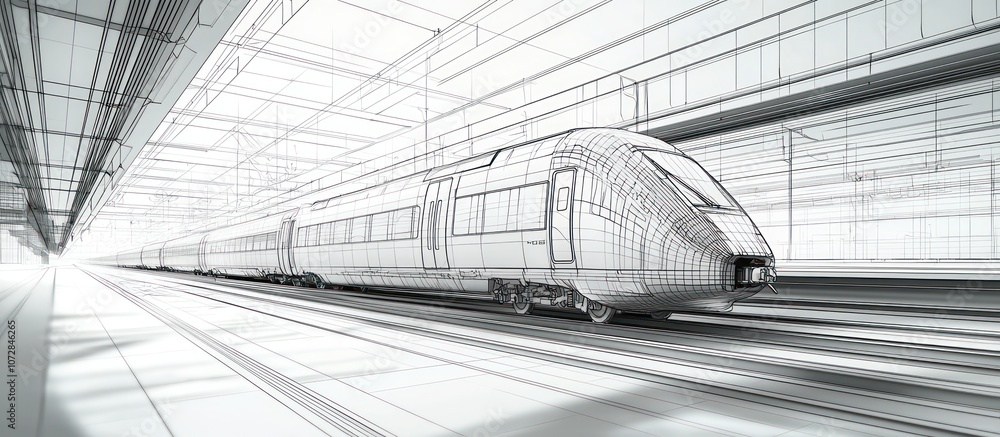 Poster advanced rail technology depicted in a modern setting with a digital wireframe train.