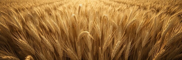 Fototapeta premium Golden field of ripe wheat ready for harvest, illuminated by the sun on a summer day, farmland, growth