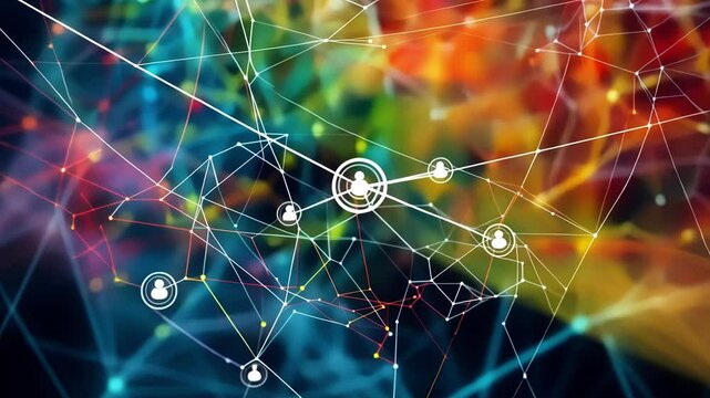 Closeup view of a vast invisible web of colorful strings intertwining and connecting everything in the universe.