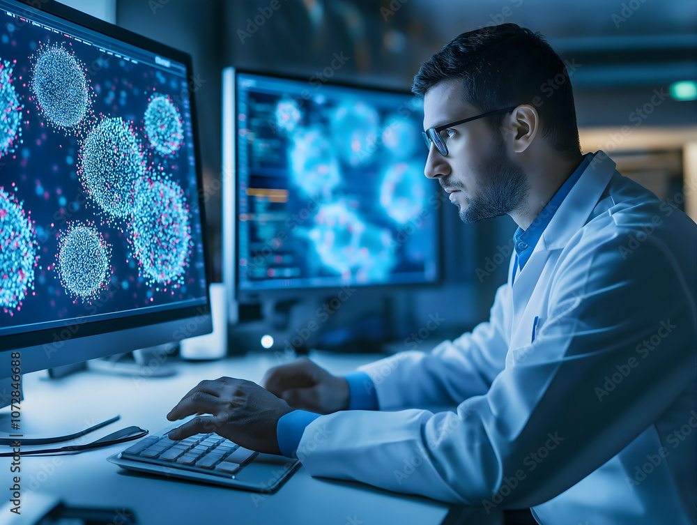 Aufkleber a focused scientist analyzes cellular data on multiple screens in a high-tech lab, emphasizing moder