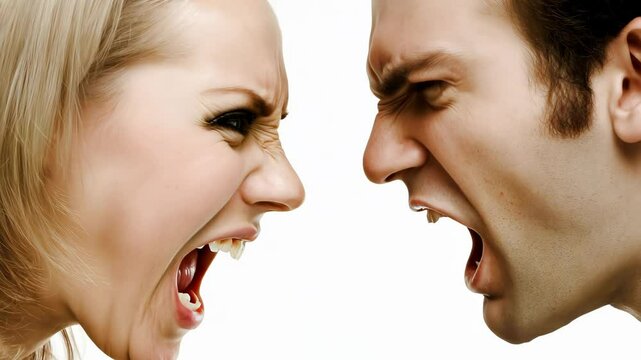 Close-up of a man and woman screaming at each other in anger, depicting conflict and intense emotion on a white background.