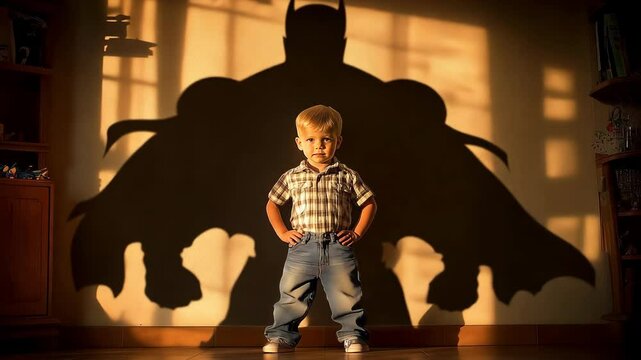 A young boy stands confidently with a superhero shadow cast on the wall, symbolizing imagination and inner strength.