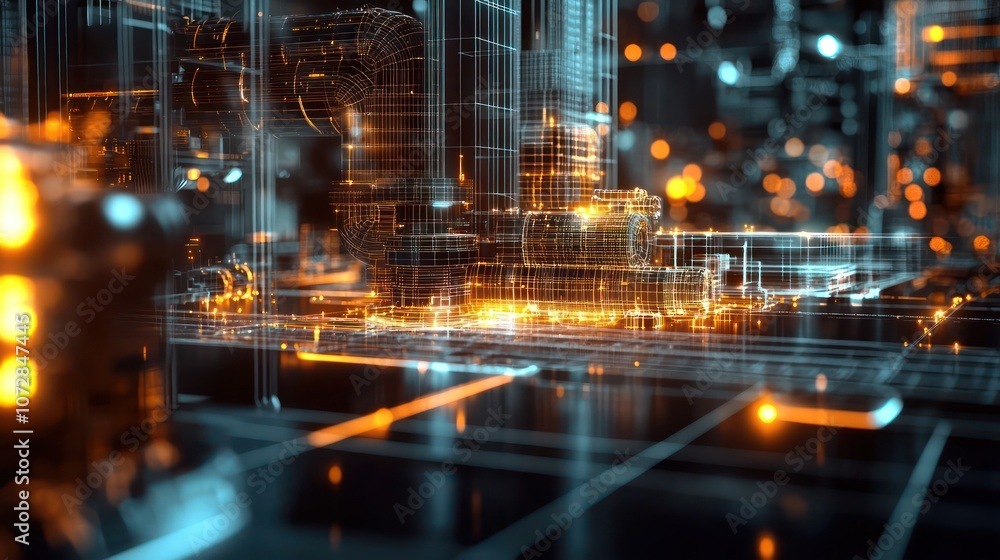 Poster wireframe visuals of machinery in a dynamic holographic industrial environment display.