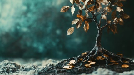 Money Roots and Leaves : A tree with strong coin roots and dollar leaves, showing that wealth is grounded in solid investments
