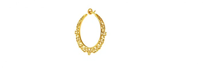 Fototapeta premium Gold hoop earring with intricate design isolated on white background, luxury, close-up