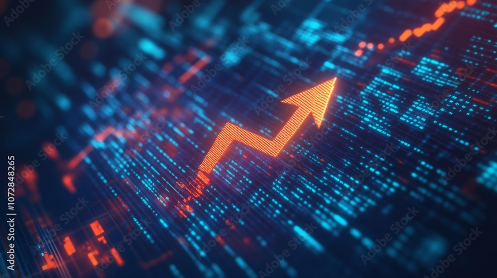 Poster red downward arrow crossing a line graph with falling stock market bars. abstract background with fi