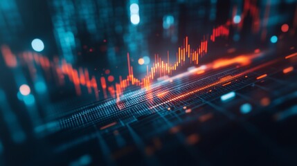 Obraz premium Red downward arrow crossing a line graph with falling stock market bars. Abstract background with financial numbers in a cool, toned setting