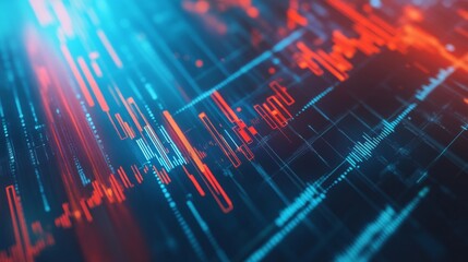 Red downward arrow crossing a line graph with falling stock market bars. Abstract background with financial numbers in a cool, toned setting