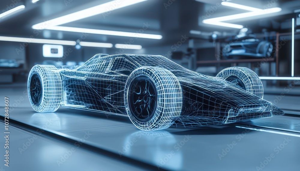 Poster advanced vehicle concept rendered in high-detail wireframe via augmented reality technology.