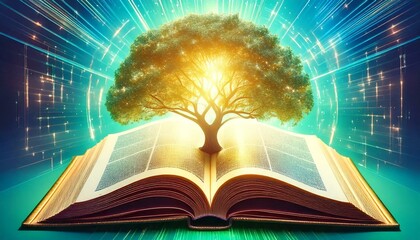 知識、木、本、光、神秘的、ファンタジー、魔法、スピリチュアル、学び、成長、エネルギー、輝き、自然、幻想的、叡智、生命、図書、夢、教育、インスピレーション