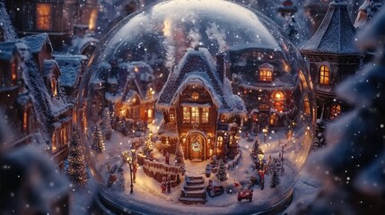 Enchanting Winter Wonderland Scene Inside Snow Globe with Snow-Covered Houses, Festive Lights, and Cozy Atmosphere Captures Holiday Spirit Perfectly