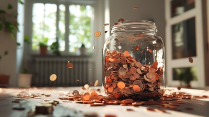 A savings jar smashed open with coins scattered everywhere, showing broken glass and lost savings. Background can feature a minimalist modern interior