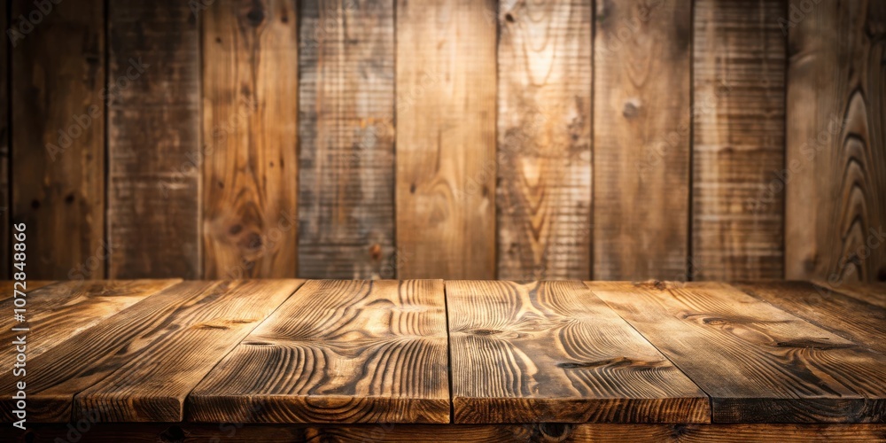 Poster Rustic wooden table with a blurred background of weathered planks, perfect for showcasing products or creating a natural aesthetic.