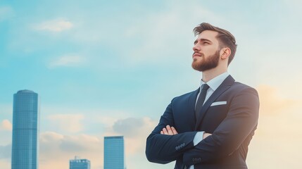 A confident man in a suit stands with arms crossed against a city skyline, embodying professionalism and aspiration.