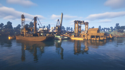 A small industrial harbor with a few ships docked, cranes, and warehouses.