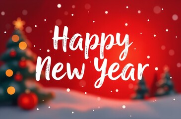 Christmas tree with red and silver toy balls, on a red background with the text "Happy New Year". New Year card, banner