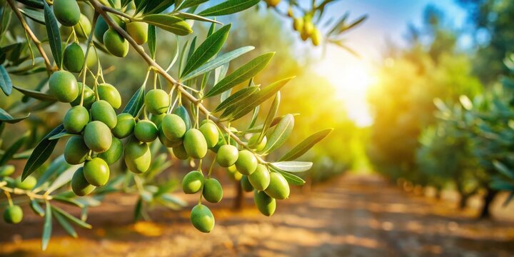 A Close-Up View of Olives Growing on a Branch, Captured in a Vibrant Orchard with the Warm Glow of the Sunset
