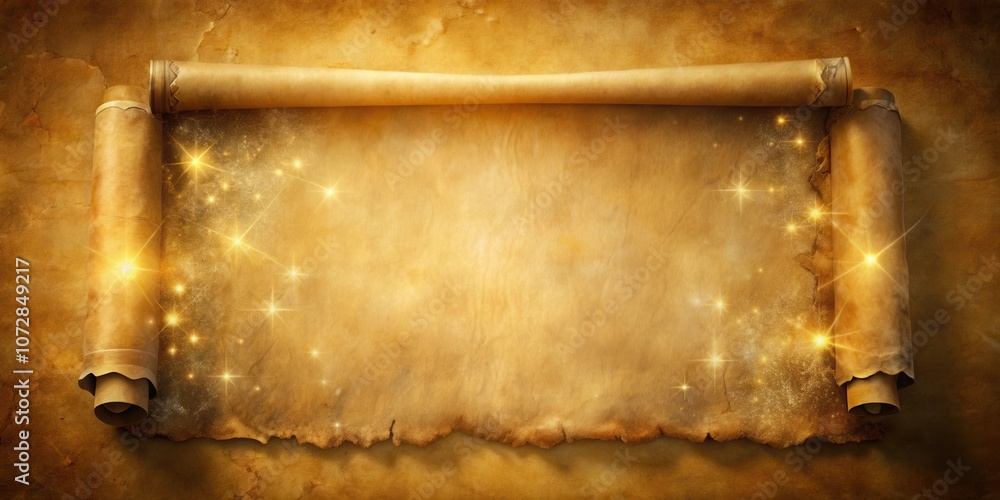 Poster an unfurling scroll with glowing stars reveals a blank space for writing ancient secrets