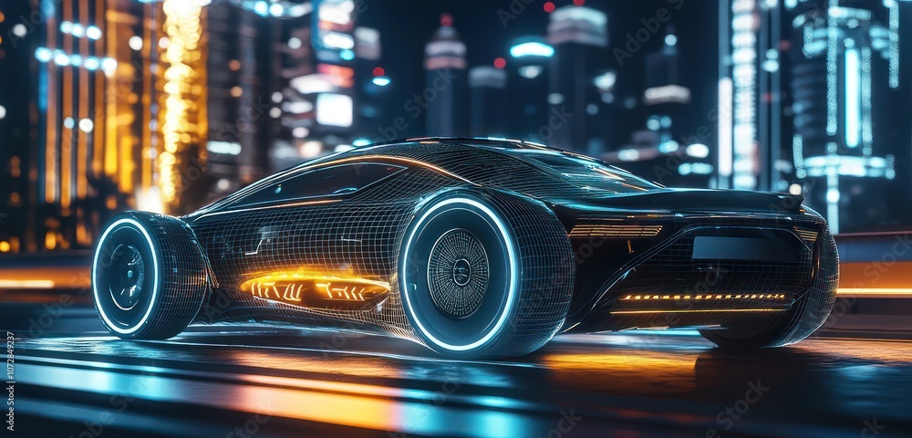 Poster wireframe visualization of a futuristic smart vehicle in a digital concept.
