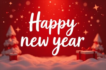 Christmas tree with red and silver toy balls, on a red background with the text "Happy New Year". New Year card, banner